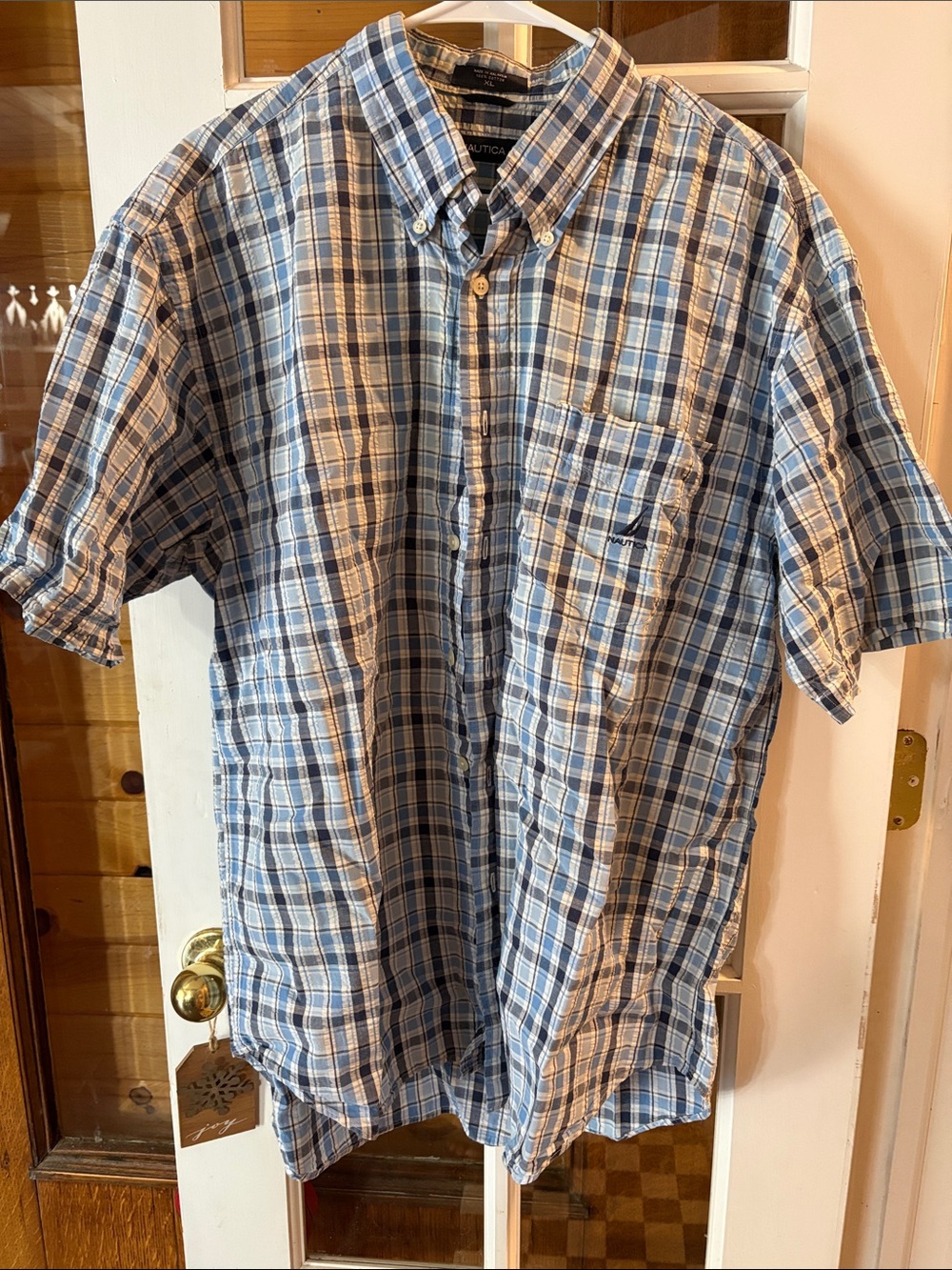 Nautica Blue and White Plaid Short-Sleeve Button-Down Shirt